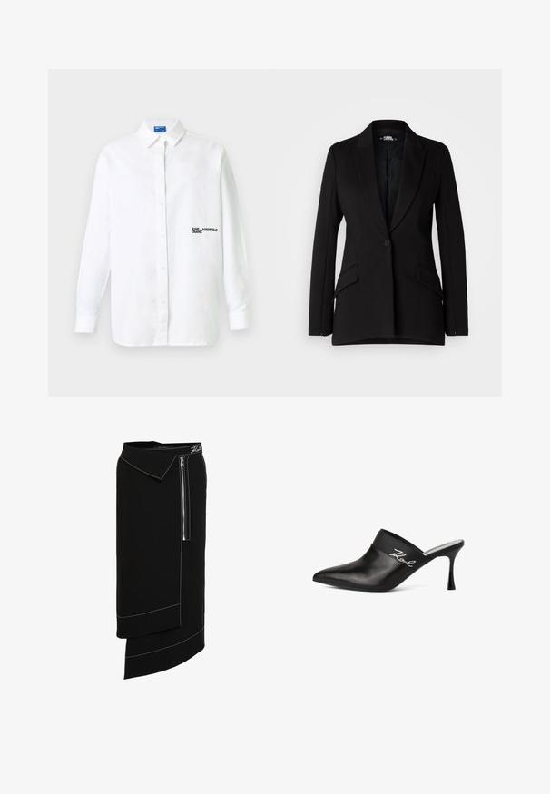 Schwarzes Blazer mit strukturiertem Design, Reverskragen, Ein-Knopf-Verschluss, zwei Seitentaschen und glatter Stoffstruktur.; Weißes Hemd mit langen Ärmeln, Knopfleiste und Kragen sowie schwarzem "KARL LAGERFELD JEANS"-Schriftzug auf der linken Brust.; Schwarze Midirock mit weitem Kragen, seitlichem Reißverschluss, weißen Stichakzenten und asymmetrischem Saumdesign. Glatte Textur.; Schwarze Leder-Mule mit spitzer Zehe und Stiletto-Absatz. Verfügt über ein breites Band mit silberner Schrift auf der Seite. Glatte Textur.