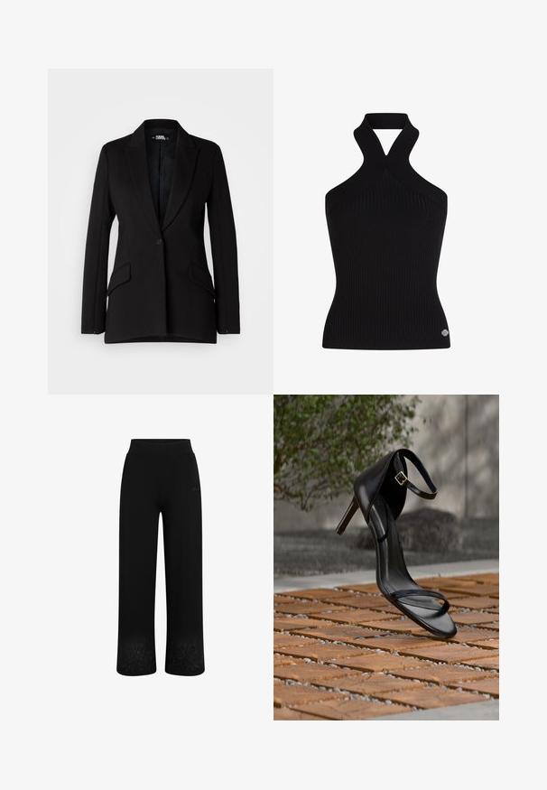 Mustmustärki struktureeritud disainiga, nööpaukudega, ühe nööbiga kinnitusega, kahe küljetasku ja siledast kangast tekstuuriga.; KARL LAGERFELD Topp - black; Mustad mustad püksid laiade jalgadega disainiga, elastse vöökohtaga ja lilleline tikand allääres. Valmistatud pehmest ja elastsetest kangast.; Mustad kõrge kontsaga sandaal pahkluu rihmaga näib rippuvat puidust plaatide põranda kohal õues, taustal udune rohelus ja kivimüür.