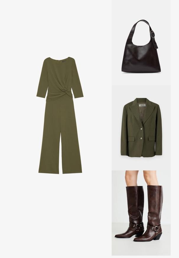 Oliven grøn blazer med lodrette striber, klapkrave, to-knaps lukning og påsyede lommer. Blødt stof med en struktureret form.; Olivengrøn jumpsuit lavet af blødt stof, med et snoet knudedetalje ved taljen, trekvartærmer og brede bukser.; RAID NEVIS - Cowboy- / bikerstøvler - brown; Brun læder skuldertaske med en glat tekstur, rund form, bred rem og cirkulært metalaccent på håndtaget.