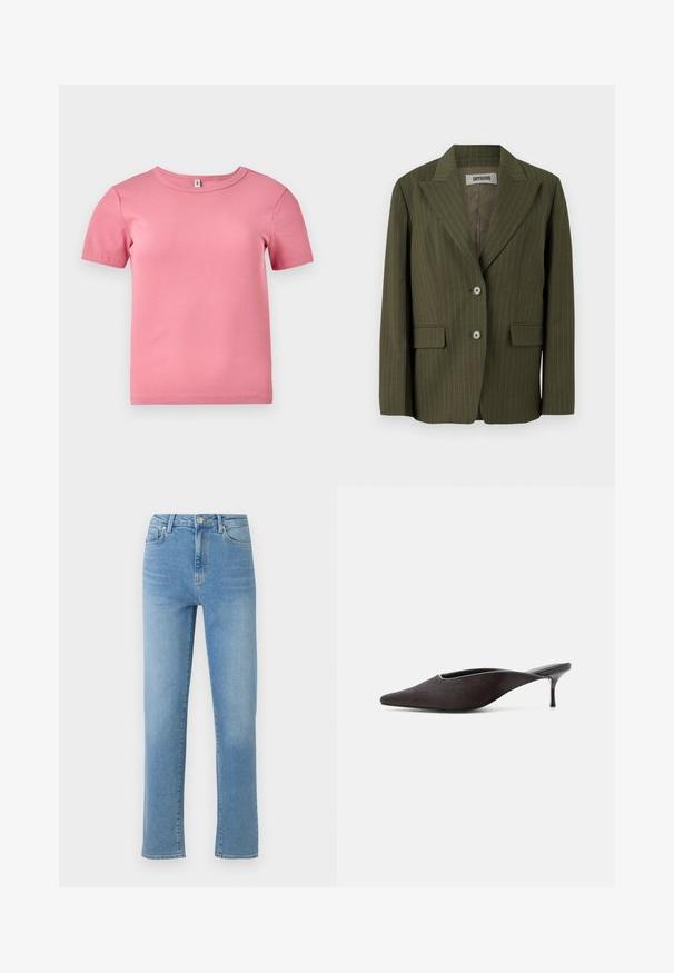 Oliven grøn blazer med lodrette striber, klapkrave, to-knaps lukning og påsyede lommer. Blødt stof med en struktureret form.; Kortærmet lyserød ribbet T-shirt lavet af blødt stof, med rund halsudskæring og en let tætsiddende pasform.; Lysblå denim jeans med lige snit, fem lomme-design og en blødet overflade. Har en metalknap og lynlås lukning i taljen.; Sort mule-sko med spids tå, lav stilet-hæl og glat finish, vist fra siden på en hvid baggrund.