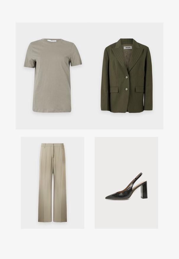Olivgrüner Blazer mit vertikalen Streifen, Reverskragen, zwei Knöpfen und aufgesetzten Taschen. Weicher Stoff mit strukturierter Form.; Khakifarbenes T-Shirt mit kurzen Ärmeln aus weichem Stoff. Rundhalsausschnitt; gerader Saum. Minimalistisches Design ohne sichtbare Muster oder Akzente.; Weite Hose aus weichem beigen Stoff, mit flachem Bund, Gürtelschlaufen und einer glatten Textur. Standardbund ohne sichtbare Muster.; Schwarzer Leder-Damenslingback-Pumps mit spitzer Zehenpartie und dickem hohem Blockabsatz auf weißem Hintergrund.