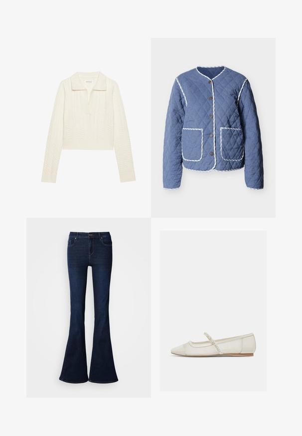 Veste bleue matelassée avec bordure rayée blanche, encolure ronde, boutons-pression à l'avant et deux grandes poches frontales.; Pull court en crème, présentant un motif en maille torsadée, un large col et des poignets côtelés. Fabriqué à partir d'un tissu doux et texturé.; Jean denim bleu foncé évasé à taille haute, avec cinq poches et une fermeture éclair à l'avant. Texture lisse et design classique.; Chaussure plate ivoire à bout pointu avec bride ornée de perles et petit talon en bois, vue de côté sur un fond clair.