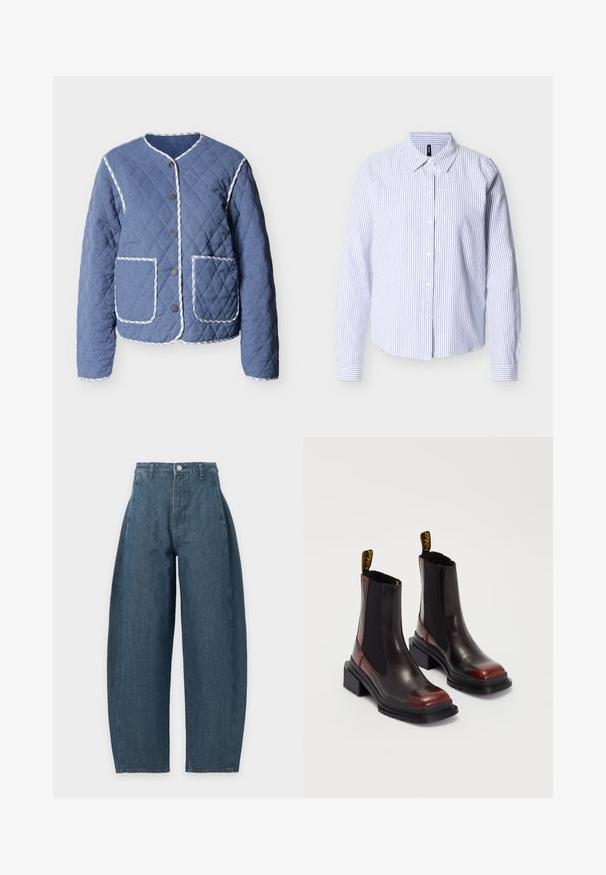 Gesteppte blaue Jacke mit weiß gestreiften Besätzen, rundem Ausschnitt, vorderen Druckknöpfen und zwei großen Fronttaschen.; Langärmeliges Hemd mit Knöpfen, blauen und weißen vertikalen Streifen und spitzem Kragen, dargestellt vor einem schlichten weißen Hintergrund.; Jeans in Blau mit hoher Taille und weitem Bein, vorne mit Knopf- und Reißverschluss, Gürtelschlaufen und minimalen Nahtdetails.; Dr. Martens MAYBOLE CHELSEA - Plateaustiefelette - black/cherry red