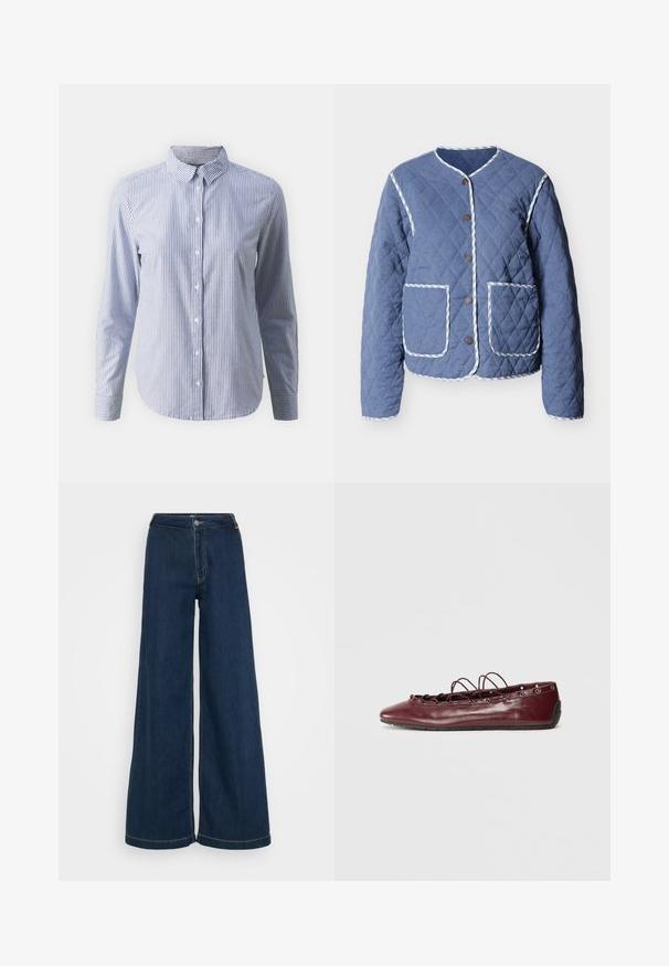 Gewatteerd blauw jack met wit gestreepte biezen, ronde hals, drukknoopsluiting aan de voorkant en twee grote voorzakken.; Overhemd met knopen in blauw en witte verticale strepen; lange mouwen, kraag en een gladde katoenen textuur met een rechte zoom.; Wijdvallende denim jeans in donkerblauw, met een hoge taille, knoopsluiting en subtiele stiksels langs de naden.; Bordeaux leren ballerina's met een spitse neus, kantdetails aan de voorkant en zilveren oogjes. Zachte zool voor flexibiliteit en comfort.
