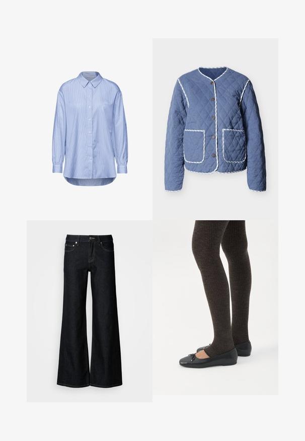 Gewatteerd blauw jack met wit gestreepte biezen, ronde hals, drukknoopsluiting aan de voorkant en twee grote voorzakken.; Lichtblauw overhemd met knopen en een verticaal streepjespatroon, lange mouwen met knoopmanchetten en een klassieke kraag.; Donkere denim jeans met wijde pijpen, een hoge taille, een ontwerp met vijf zakken en contrasterende gele stiksels langs de naden.; Benen met donkere geribbelde leggings gecombineerd met zwarte ballerina's met kleine strikdetails op een witte achtergrond.