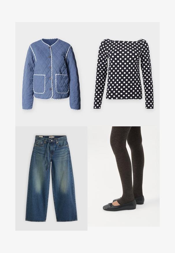 Gewatteerd blauw jack met wit gestreepte biezen, ronde hals, drukknoopsluiting aan de voorkant en twee grote voorzakken.; Marineblauw shirt met lange mouwen, witte polkadots, boothals en een getailleerde pasvorm.; Denim wide-leg jeans in donkerblauw met een vervaagd ontwerp, voorzien van een trekkoord in de taille en vijf zakken.; Benen met donkere geribbelde leggings gecombineerd met zwarte ballerina's met kleine strikdetails op een witte achtergrond.