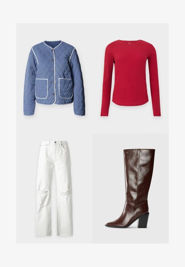 Veste bleue matelassée avec bordure rayée blanche, encolure ronde, boutons-pression à l'avant et deux grandes poches frontales.; Haut rouge en maille côtelée à manches longues, col rond, ourlet incurvé, silhouette ajustée et étiquette GAP à l'intérieur du col.; Jean en denim blanc à coupe droite avec des détails déchirés aux deux genoux, doté de poches avant et d'une fermeture par bouton.; Botte haute en cuir marron foncé avec un bout pointu et un talon empilé, présentée de côté sur un fond uni.