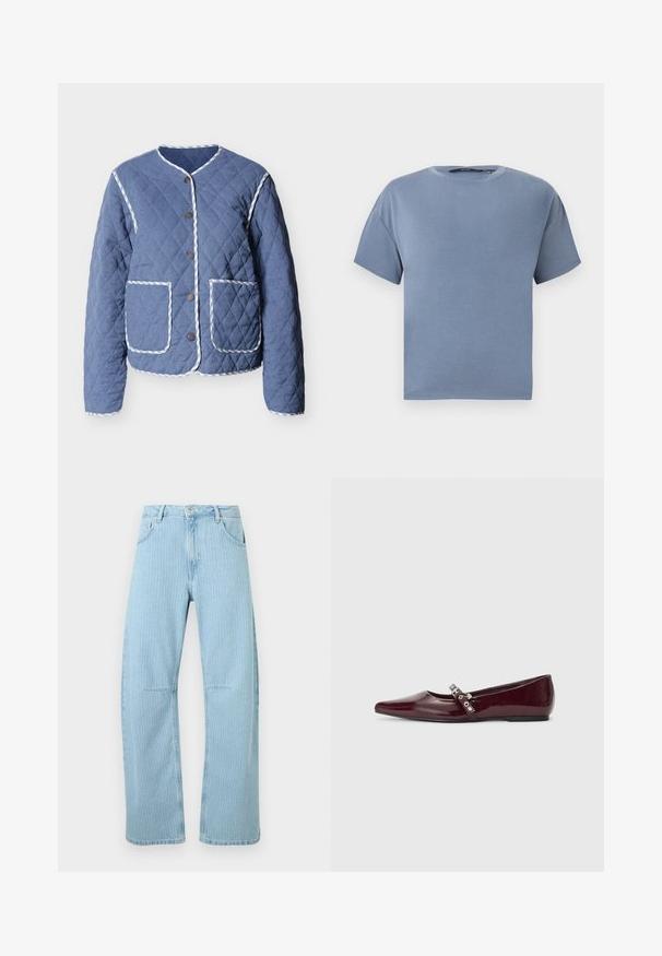Quiltet blå jakke med hvidstribet kant, rund halsudskæring, trykknapper foran og to store forlommer.; Kortærmet t-shirt med rund hals i ensfarvet dæmpet blå, vist fladt mod en hvid baggrund.; Lyseblå jeans med vide ben og lodrette hvide nålestriber, foran med knap og lynlås samt to forlommer.; Bordeaux patentlæder flade sko med spids tå, ankelrem med sølvhardware og flad sål. Glat, blank struktur.