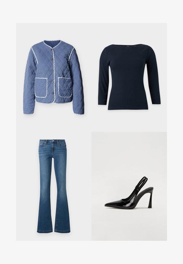 Veste bleue matelassée avec bordure rayée blanche, encolure ronde, boutons-pression à l'avant et deux grandes poches frontales.; Haut ajusté bleu marine à manches longues avec un col bateau et une texture de tissu simple et lisse sur fond uni.; Jean en denim bleu avec une taille haute, bouton et fermeture éclair à l'avant, style cinq poches, jambes évasées sur fond uni.; Escarpin en cuir verni noir à talon aiguille, à bout pointu, avec une sangle élastique double pour un maintien sécurisé. Surface lisse et brillante.