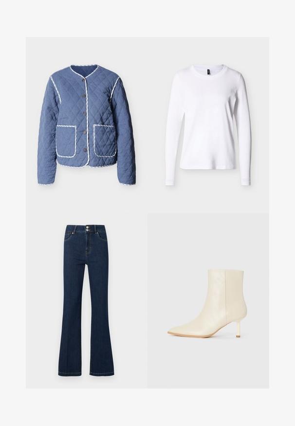 Gesteppte blaue Jacke mit weiß gestreiften Besätzen, rundem Ausschnitt, vorderen Druckknöpfen und zwei großen Fronttaschen.; Weißes Langarm-T-Shirt mit Rundhalsausschnitt, dargestellt vor neutralem Hintergrund, Vorderansicht mit einem schwarzen Kleidungsetikett am Halsausschnitt.; Dunkelblaue Denim-Jeans mit hoher Taille, Doppelknopfverschluss, Vordertaschen und leicht ausgestellten Beinen.; Cremefarbene Knöchelstiefel mit spitzer Zehe und schlankem Mittelabsatz, glatte Textur, von der Außenseite auf weißem Hintergrund gezeigt.
