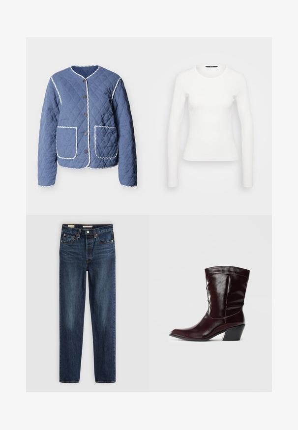 Gewatteerd blauw jack met wit gestreepte biezen, ronde hals, drukknoopsluiting aan de voorkant en twee grote voorzakken.; Witte lange mouwen ribbelshirt met een ronde halslijn en een getailleerde pasvorm. Soepele textuur met een eenvoudig ontwerp, zonder patronen of accenten.; Diepblauwe rechte jeans met vijf zakken, knoop- en ritssluiting, en contrasterende stiksels.; Bordeaux leren enkellaarsjes met een spitse neus, textuur op het oppervlak en een taps toelopende lage hak. Heeft subtiele stiksels en een strakke pasvorm.