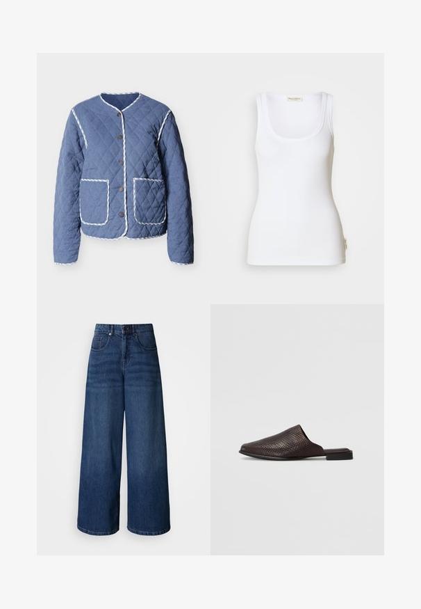 Quiltet blå jakke med hvidstribet kant, rund halsudskæring, trykknapper foran og to store forlommer.; Hvid ribbet tanktop med rund halsudskæring og brede stropper. Har en logomærkat på sidesømmen. Fremstillet af blødt, elastisk stof.; Vidbenede mørkeblå cowboybukser med høj talje, forsynet med forlommer og knaplukning, fremstillet af blødt, tekstureret stof.; Sort slip-on mule lavet af tekstureret materiale med et reptilmønster, der har en lav, flad hæl og et afrundet, åbent tådesign.