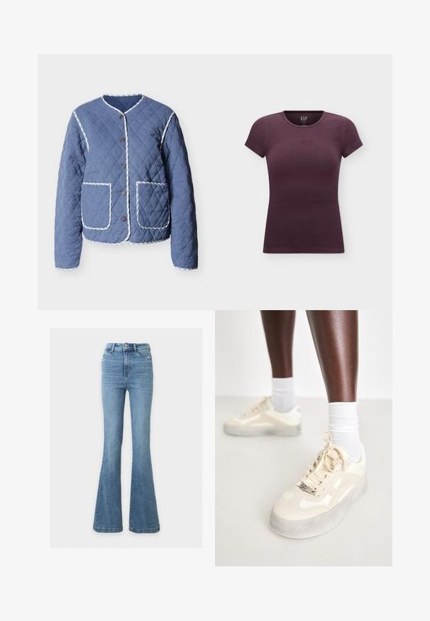 Chaqueta acolchada azul con ribete a rayas blancas, cuello redondo, botones a presión delanteros y dos grandes bolsillos frontales.; Camiseta ajustada de manga corta en color púrpura oscuro con cuello redondo y pequeño logo bordado de GAP centrado en el pecho.; Vaqueros azules de mezclilla de talle alto con piernas acampanadas, dos bolsillos delanteros, trabillas para el cinturón y cierre con doble botón.; Zapatillas beige con detalles de cuero suave y ante, suela de goma gris, patrones texturizados y un logo metálico de la marca en el lateral.