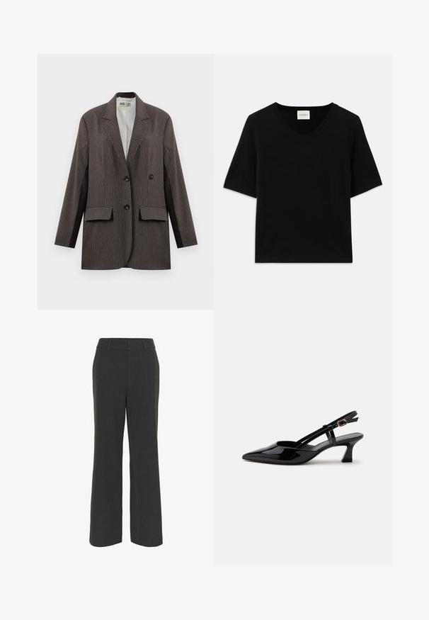 Blazer de rayas en gris oscuro, con un diseño de doble botonadura, dos bolsillos frontales y solapas con muesca, con botones negros.; Top de punto negro de manga corta con cuello redondo. Presenta una textura suave y acentos de canalé a lo largo del cuello y las mangas.; Pantalones de pierna ancha en gris oscuro con una tela texturizada, que cuentan con un frente plano, presillas para cinturón y un dobladillo limpio, adecuados para vestir formal o casual.; Zapato slingback de charol negro con tacón bajo, punta puntiaguda y correa ajustable con hebilla dorada sobre fondo blanco.