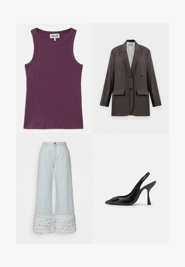 Mørkegrå streeped blazer med dobbeltknapning, to forlommer og notched lapeller, med sorte knapper.; Lilla ribbet tanktop med rund halsudskæring og brede skulderstropper. Har tekstureret stof og præget logo på brystet.; DL1961 ZOIE WIDE LEG RELAXED VINTAGE - Flared jeans - light-blue denim; Sorte lædersandal med spids tå, slank høj hæl og dekorativ sløjfeaccent. Glat tekstur og strømlinet design.