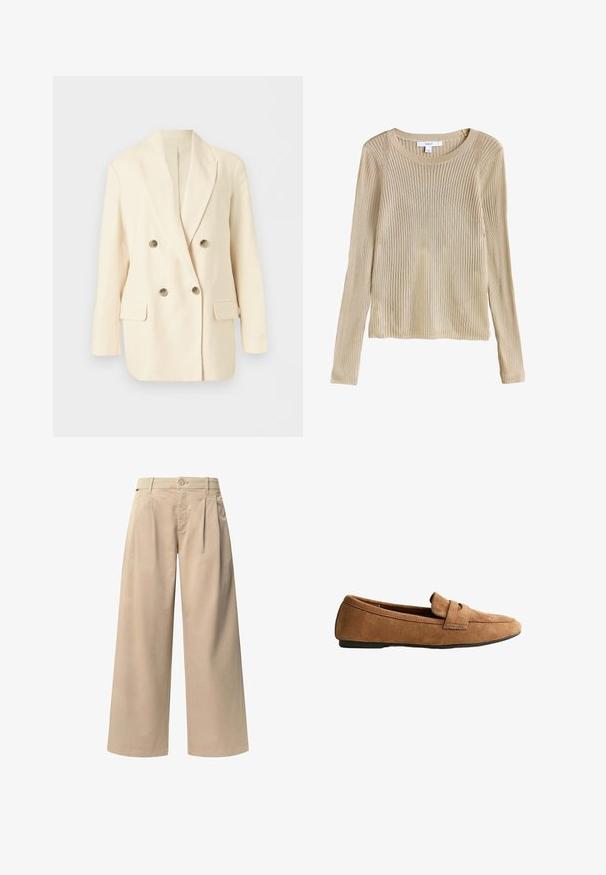 Crèmekleurige dubbelgeknoopte blazer met inkeping revers, vier metalen knopen, lange mouwen en twee voorflapzakken op een effen achtergrond.; Beige geribbelde lange mouw gebreide trui met ronde hals en slim fit, plat weergegeven met label zichtbaar bij de kraag.; Beige wijde broek met twee voorplooien, een knoopsluiting en een gladde textuur. Ontworpen voor comfort en een losse pasvorm.; Bruine suède platte loafer met een band over de bovenkant en een zwarte zool, zijaanzicht op een witte achtergrond.