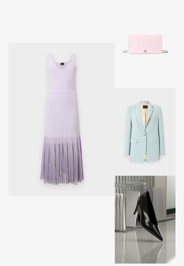 Blazer bleu clair à bouton unique avec revers crantés, poches à rabat et doublure intérieure beige à motif.; Robe en maille blanche sans manches avec col en V et jupe plissée lavande dégradée s'étendant du milieu de la cuisse jusqu'à la cheville.; Chaussure noire à talon haut avec bout pointu et logo doré, posée sur une surface réfléchissante près d'un organiseur de dossiers en fil chromé contenant des documents.; Pochette rectangulaire en cuir rose clair avec chaîne argentée et petit logo CK argenté au centre de l'avant.