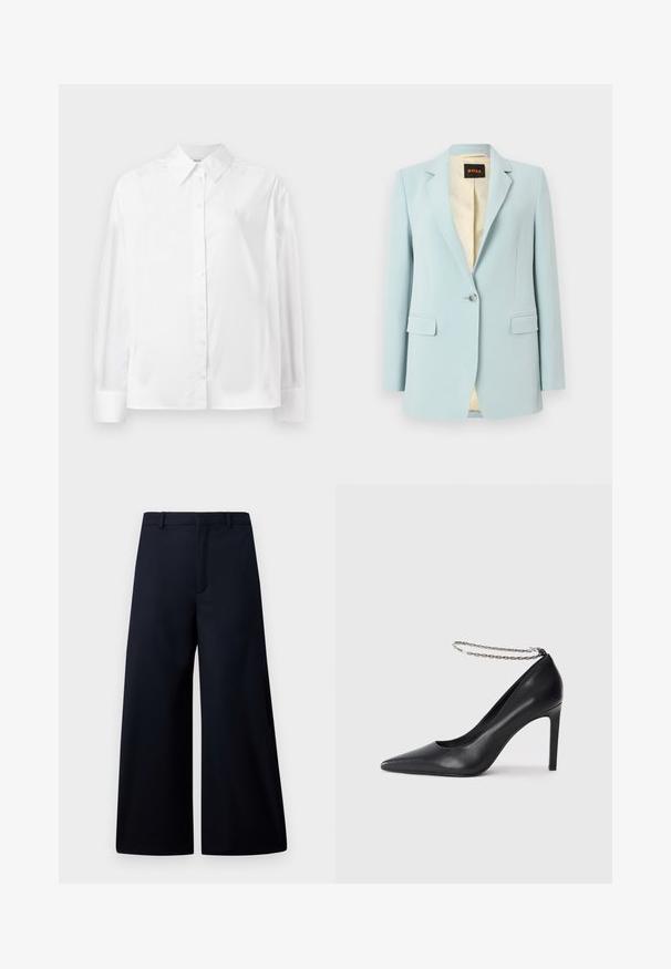 Lichtblauwe eenknopsblazer met revers, klepzakken en beige patroonvoering.; Witte langemouwige button-up shirt in een gladde katoenmix. Voorzien van een klassieke kraag, een knoopsluiting aan de voorkant en afgeronde manchetten.; Wijdbroek in donker marineblauw, gemaakt van een gladde stof. Kenmerkt zich door een platte tailleband, vooraan een plooi en geen zichtbare hardware of patronen.; Zwarte leren hoge hak pump met een spitse neus, voorzien van een dunne zilveren ketting enkelband en een strakke, gladde textuur.
