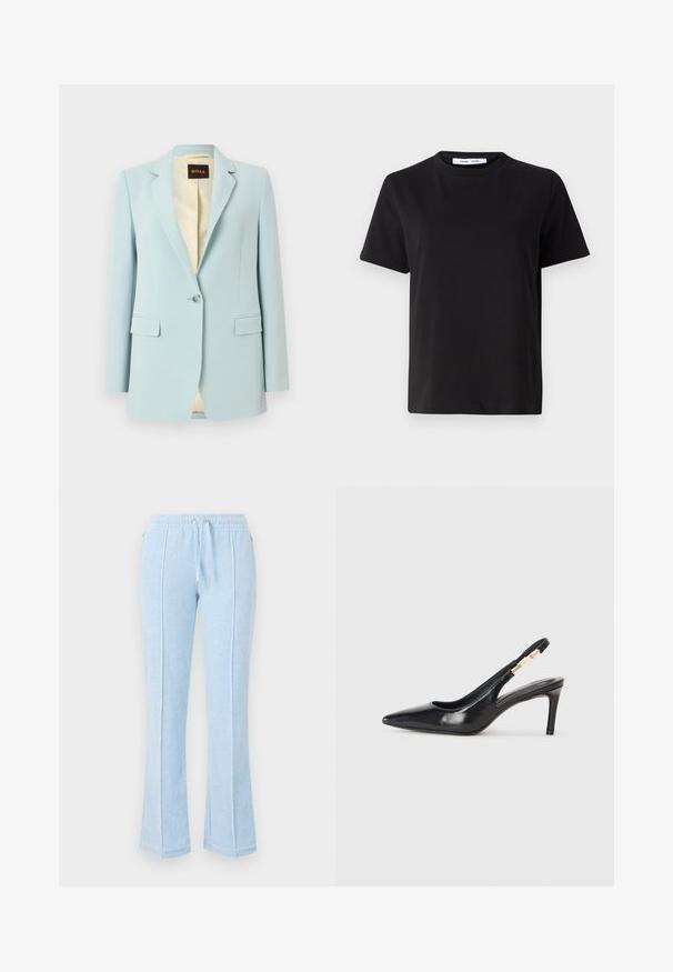 Lyseblå blazer med enkelt knap, hakrevers, klaplommer og beige mønstret for.; Sort t-shirt med korte ærmer fremstillet af blødt bomuld, med rund halsudskæring, afslappet pasform og en glat overflade. Ingen synlige mønstre eller grafik.; Lyseblå joggerbukser lavet af blødt stof med elastisk talje, sidelommer og en flagrende design med kontrasterende syninger.; Sort læder slingback højhælede sko med spidse tæer, glat overflade og en smal ankelrem med guldfarvede hardware detaljer.