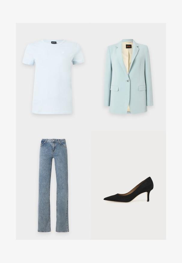 Blazer bleu clair à bouton unique avec revers crantés, poches à rabat et doublure intérieure beige à motif.; T-shirt bleu clair à manches courtes et col rond, avec un petit logo blanc sur le côté gauche de la poitrine et une étiquette de marque noire à l'intérieur du col.; Jean bleu à jambe droite avec taille haute, fermeture à boutons sur le devant, et design à cinq poches, présenté sur un fond blanc.; Escarpin en daim noir à bout pointu avec un talon stiletto fin de hauteur moyenne et un design à coupe basse sur un fond uni.