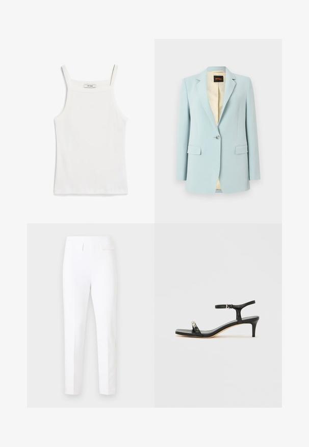 Lyseblå blazer med enkelt knap, hakrevers, klaplommer og beige mønstret for.; Hvid tank top med tynde stropper, lavet af ribbet bomuldsstof, med en lige halsudskæring og en ren afslutning i kanten.; Hvide, skræddersyede, slim-fit bukser med to bagsiden lommer med klap og diskrete syningsdetaljer på en ensfarvet baggrund.; Sort læder sandal med hæl og ankelrem, åben tå, firkantet front og sølvfarvede metalaccenter. Figurformet design med en slank profil.