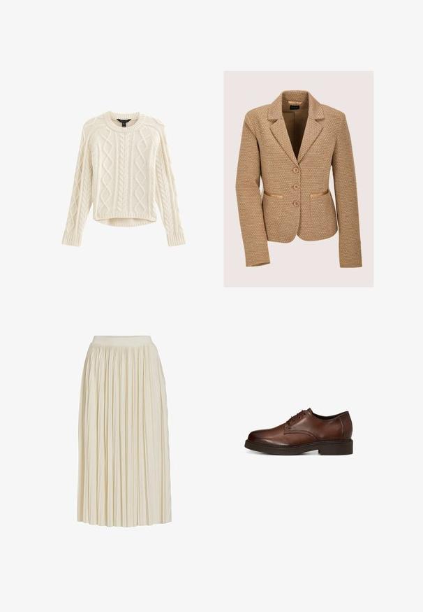 Blazer beige texturé avec un design structuré, comprenant trois boutons, deux poches avant et un col à revers.; Pull léger en crème avec des motifs en maille torsadée, col rond et manches longues. Présente un ourlet court et un tissu texturé pour plus de chaleur.; Jupe midi couleur crème avec des plis verticaux étroits et une taille ajustée, présentée sur un fond blanc uni.; Chaussure habillée pour homme en cuir marron avec fermeture à lacets et petit talon, vue de côté sur fond blanc.