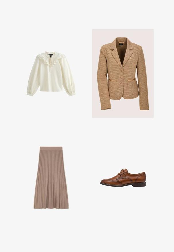 Beige blazer met een gestructureerd ontwerp, voorzien van drie knopen, twee voorzakken en een reverskraag.; Witte blouse met lange mouwen, volants bij de halslijn en een zachte textuur; heeft een strik bij de kraag en gathered pofmouwen.; Taupekleurige, halflange geplooide rok met een elastische tailleband, platliggend weergegeven op een witte achtergrond.; Bruine leren brogue oxford schoen met wingtip-details, perforaties, veters en lage gestapelde hak op een witte achtergrond.