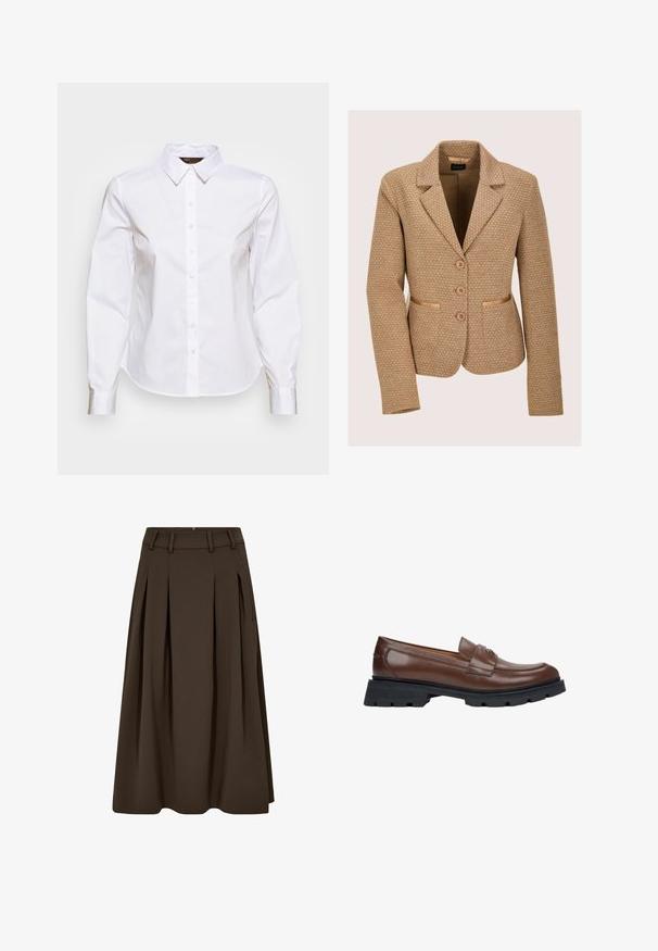 Blazer beige texturé avec un design structuré, comprenant trois boutons, deux poches avant et un col à revers.; Chemise blanche à manches longues avec col pointu et taille ajustée, présentée sur un fond uni.; Jupe plissée brune en tissu lisse, avec une taille haute munie de passants de ceinture, des poches latérales et une silhouette évasée en forme de A.; Mocassins en cuir marron avec une semelle plate en caoutchouc noir. Présentent un design de chaussure cousu et une petite sangle décorative sur le dessus.