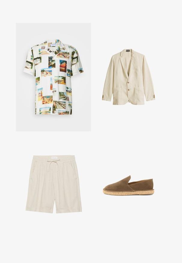 Herren-Blazer in Cremeton mit Kerbkragen, zwei vorderen Knöpfen, aufgesetzten Taschen und geknöpften Manschetten, präsentiert vor weißem Hintergrund.; Kurzeweißer Hemd mit einem Collagen-Motiv aus Fotografien tropischer Szenen in verschiedenen Farben. Leichter Stoff, Knopfleiste vorne und lockere Passform.; Beige Leinenshorts mit einem elastischen Bund, Kordelzug und Seitentaschen. Lockere Passform mit geradem Schnitt und umgeschlagenem Saum.; Braune Wildleder-Espadrille zum Hineinschlüpfen mit geflochtener Jutesohle und niedrig geschnittenen Seiten, entworfen für den Freizeitgebrauch.