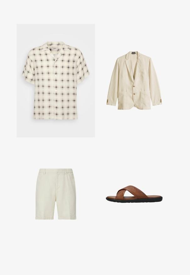 Herren-Blazer in Cremeton mit Kerbkragen, zwei vorderen Knöpfen, aufgesetzten Taschen und geknöpften Manschetten, präsentiert vor weißem Hintergrund.; Kurzarm-Hemd mit Knopfleiste in hellem Creme mit einem schwarz-grauen Karomuster, ausgestattet mit einem Camp-Kragen und einer einzelnen Brusttasche.; Beige knielange Shorts mit umgeschlagenem Saum, einem elastischen Bund hinten, Gürtelschlaufen und vorderen Seitentaschen.; Braune Ledersandale mit überkreuzten Riemen, flacher schwarzer Sohle und "bugatti" Prägung auf dem oberen Riemen, seitliche Ansicht vor weißem Hintergrund.