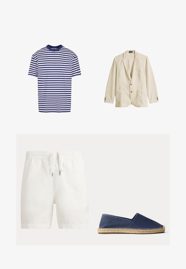 Herren-Blazer in Cremeton mit Kerbkragen, zwei vorderen Knöpfen, aufgesetzten Taschen und geknöpften Manschetten, präsentiert vor weißem Hintergrund.; Kurzärmliges gestreiftes T-Shirt mit navyblauen und weißen horizontalen Streifen, runder Ausschnitt, lockere Passform und weichem Baumwollmaterial.; Weiße Shorts mit Kordelzug und elastischem Bund sowie dezent besticktem Logo am unteren linken Bein, auf schlichtem Hintergrund dargestellt.; Marineblaue Canvas-Espadrille mit naturgewebter Jutsohle und niedrigem Absatz, seitlich auf weißem Hintergrund dargestellt.