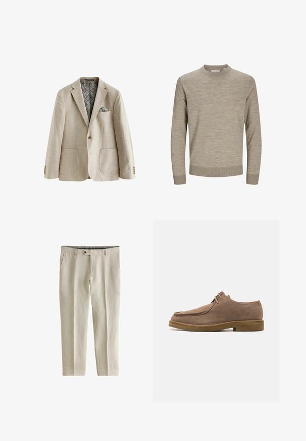 Beiger Blazer mit Reverskragen, zwei aufgesetzten Taschen, dreiknöpfigen Manschetten und einem gemusterten Innenfutter mit blauen und braunen Details.; Beiger Pullover mit Rundhalsausschnitt und langen Ärmeln, mit gerippten Bündchen und Saum, auf weißem Hintergrund präsentiert.; Next SIGNATURE - REGULAR FIT - Stoffhose - neutral; Zign by Zalando LEATHER - Sportlicher Schnürer - taupe