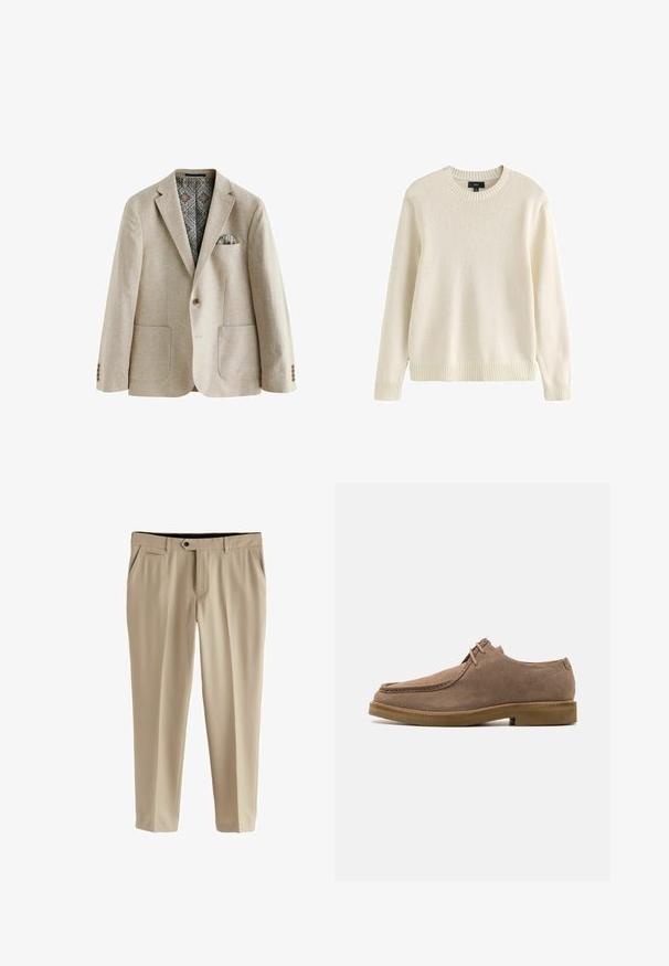 Beige blazer med en slidset krave, to påsyede lommer, manchetter med tre knapper og et mønstret inderskud med blå og brune detaljer.; Flødefarvet langærmet strikket sweater med ribstrikket rund hals, ærmegab og kant, mærket størrelse medium fra mærket Next.; Beige bukser lavet af glat stof. Har en flad front, to sidelommer og en knaplukning med lynlås.; Zign LEATHER - Sporty snøresko - taupe