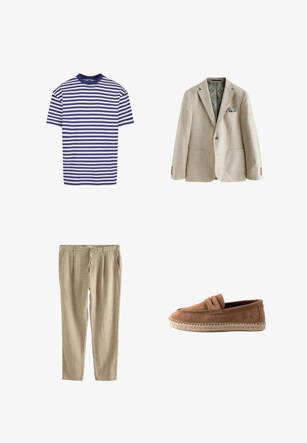 Blazer beige con solapas muestradas, dos bolsillos de parche, puños de tres botones y un forro interior con un patrón que presenta detalles en azul y marrón.; Camiseta de manga corta a rayas con rayas horizontales azul marino y blancas, cuello redondo, corte relajado y material de algodón suave.; Pantalones casual de lino beige con cintura de cordón, bolsillos laterales y un corte recto y cómodo.; Mocasín de ante marrón con suela de cuerda trenzada y una tira en la parte superior, mostrado de lado sobre un fondo blanco.