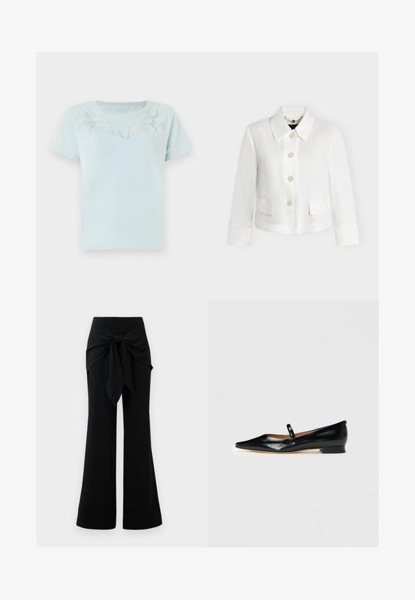 Veste blanche courte avec large col, quatre boutons devant, poches à rabat et manches longues sur fond uni.; T-shirt en coton bleu clair à manches courtes et col rond, ornée d'un design brodé blanc complexe sur la poitrine.; Pantalons larges noirs avec un détail de lien à la taille. Fabriqués en tissu doux, avec une texture lisse et des lignes épurées. Ourlet légèrement évasé.; Chaussure plate Mary Jane en cuir verni noir, à bout pointu, avec une seule sangle et un petit talon sur fond uni.