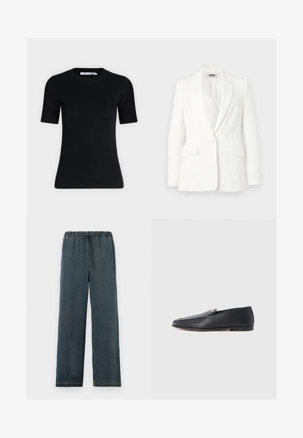 Blazer blanc à un bouton, avec revers crantés, manches longues et deux poches à rabat à l'avant, étiqueté Drykorn.; T-shirt noir ajusté à manches courtes avec un col rond et une étiquette à l'intérieur du col sur un fond clair uni.; Pantalons en denim bleu marine avec une taille élastique et un cordon de serrage. Design à jambe large avec des ourlets finis et une surface lisse et texturée.; Mocassins en cuir noir à texture lisse, bout arrondi et détails de couture subtils. Ils présentent un accent logo doré sur le côté supérieur.