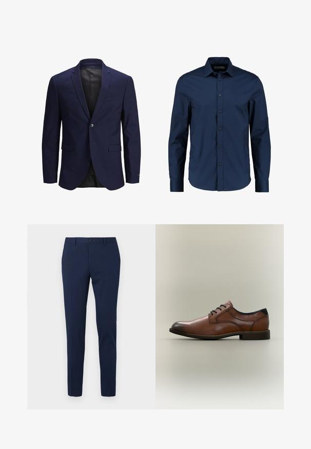 Mørkeblå blazer med en enkelt knaplukning, slaglapeller, to frontlommer og en glat tekstur. Indvendig er den foret med sort.; Marinblå langærmet skjorte lavet af glat stof, med klassisk krave, frontknapper og en tætsiddende pasform med rundet kant.; Marineblå bukser til formelt brug med lige ben, lavet af et glat stof. Har en frontknaplukning og to sidelommer.; Brun læder herresko med sorte snørebånd og lav hæl, vist i profil på en neutral baggrund.