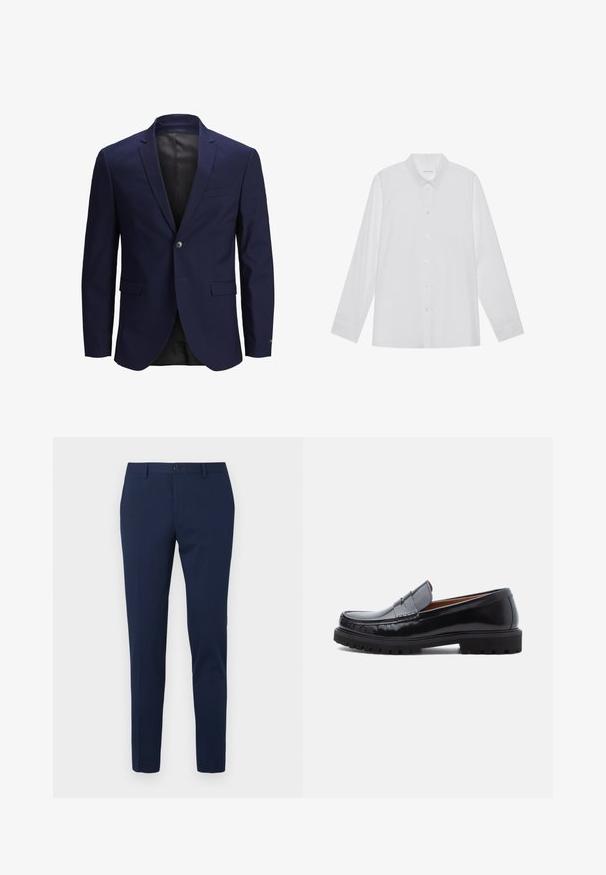 Marineblauwe blazer met een enkele knoopsluiting, notched revers, twee voorzakken en een gladde textuur. Binnenkant is gevoerd met zwart.; Witte blouse met lange mouwen van soepel stof, met een puntige kraag, voorkant met knoopsluiting en manchetten met één knoop.; Marineblauwe pantalon met een rechte pijp, gemaakt van een gladde stof. Voorzien van een knoopsluiting aan de voorkant en twee zijzakken.; Zwarte leren penny loafer met chunky rubberen zool en moc-toe stiksel, in profiel weergegeven op een witte achtergrond.