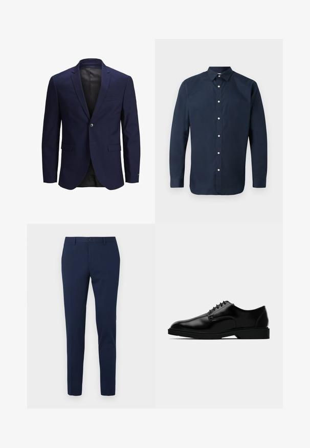 Blazer azul marino con cierre de un solo botón, solapas de muesca, dos bolsillos delanteros y una textura suave. El interior está forrado de negro.; Camisa de manga larga de color azul marino, fabricada en algodón suave, con cuello extendido, botonera frontal y puños abotonados. Sin patrones visibles.; Pantalones de vestir color azul marino con diseño de pierna recta, hechos de un tejido suave. Cuentan con cierre frontal de botón y dos bolsillos laterales.; Zapato de vestir de cuero negro con un acabado liso, puntera redondeada, diseño de cordones y suela de goma discreta para mayor tracción.