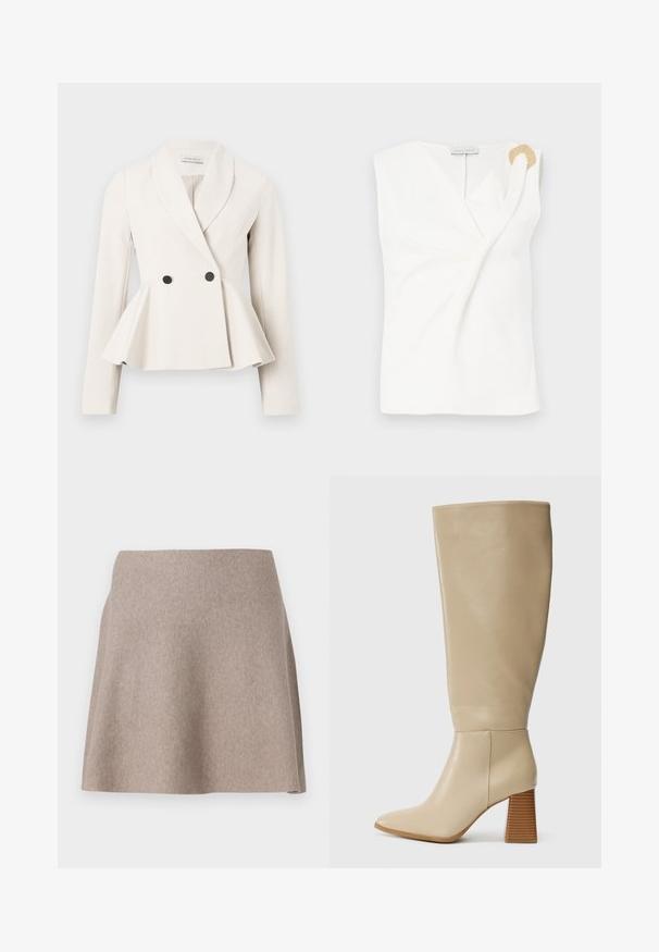 Blazer peplum en tela color crema con cuello solapa, delantero cruzado y detalles de botones negros. Mangas largas con textura suave.; Blusa sin mangas blanca con un diseño envolvente, que presenta un detalle decorativo en forma de anillo en tono dorado en el hombro derecho.; Una falda beige de corte acampanado, hecha de una tela suave con una textura lisa y un dobladillo limpio. Diseño sencillo sin patrones o adornos visibles.; Bota de cuero beige hasta la rodilla con punta afilada, tacón de bloque texturizado y superficie lisa. Detalle de costura en el tobillo y en el puño superior.