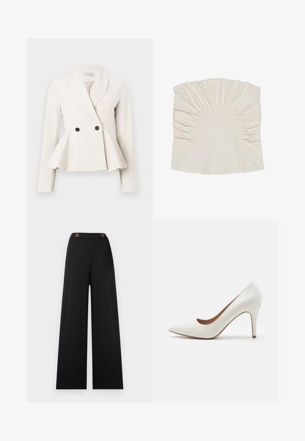 Blazer peplum en tela color crema con cuello solapa, delantero cruzado y detalles de botones negros. Mangas largas con textura suave.; Top de color crema con tela fruncida, que presenta un escote redondo y una textura suave. El diseño incluye pliegues a lo largo de los bordes.; Pantalones negros de pierna ancha con cintura alta, con dos botones marrones y una tela lisa y texturizada. Sin estampados ni detalles adicionales.; Zapato de tacón alto de charol blanco con punta afilada y superficie lisa, que presenta un tacón esbelto y un corte bajo alrededor de la abertura.