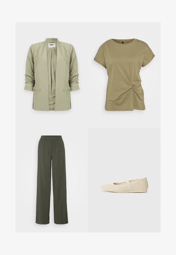 Blazer vert olive clair, à ouverture sur le devant, avec manches longues froncées et deux poches avant zippées, présenté sur un fond blanc.; T-shirt vert olive à manches courtes en coton doux, avec un détail de nœud tordu sur le côté, et un col rond côtelé.; Pantalons larges vert olive avec une taille élastique et une texture douce, présentant une coupe décontractée et sans motifs ni embellissements visibles.; Ballerines beiges avec une exterior en cuir lisse, un bout en forme d'amande et une sangle élastique sur le coup de pied, avec des détails de couture subtils.