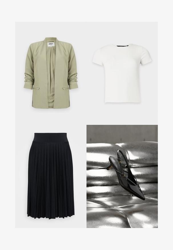 Hellolivgrüner Blazer mit offenem Vorderteil, gerafften langen Ärmeln und zwei Reißverschlusstaschen vorne, präsentiert vor weißem Hintergrund.; Weißes kurzärmeliges, geripptes Strick-T-Shirt mit Rundhalsausschnitt, dargestellt vor einem schlichten hellgrauen Hintergrund.; Schwarzer, plissierter Rock mit einem breiten Bund, gefertigt aus einem weichen Material. Verfügt über vertikale Falten für zusätzliche Textur und Bewegungsfreiheit.; Schwarzer Lackleder-Slingback-Schuh mit spitzer Kappe und kleinem Absatz, ruhend auf einer glänzenden metallischen silberfarbenen, gesteppte Oberfläche.