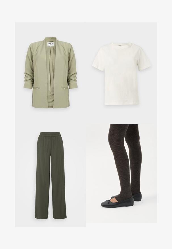 Licht olijfgroene, open voorkant blazer met gerimpelde lange mouwen en twee voorzakken met rits, getoond tegen een witte achtergrond.; Effen witte katoenen T-shirt met korte mouwen en ronde hals, weergegeven op een neutrale lichtgrijze achtergrond.; Olijfgroene wijde broek met een elastische tailleband en een zachte textuur, met een relaxte pasvorm en zonder zichtbare patronen of versieringen.; Benen met donkere geribbelde leggings gecombineerd met zwarte ballerina's met kleine strikdetails op een witte achtergrond.