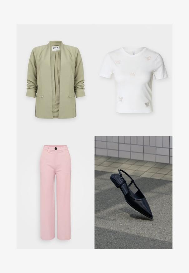 Hellolivgrüner Blazer mit offenem Vorderteil, gerafften langen Ärmeln und zwei Reißverschlusstaschen vorne, präsentiert vor weißem Hintergrund.; Weißes, kurzärmeliges, bauchfreies T-Shirt mit fünf kleinen Schmetterlingsverzierungen aus Strasssteinen auf der Vorderseite.; Helle rosa weite Hose mit glatter Textur, ausgestattet mit einem schwarzen Knopf und einem klassischen Taillendesign. Keine zusätzlichen Taschen sichtbar.; Schwarzer, spitz zulaufender Slingback-Flachschuh, der über einer Asphaltfläche neben einem gefliesten Bürgersteig schwebt.