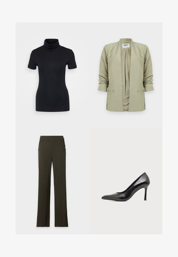 Licht olijfgroene, open voorkant blazer met gerimpelde lange mouwen en twee voorzakken met rits, getoond tegen een witte achtergrond.; Zwart geribbelde coltrui, korte mouwen, slank ontwerp, zachte textuur, minimale naden en een hoge kraag.; Donkergroene, hoog getailleerde, rechte broek met zwarte knopen aan beide zijden van de tailleband.; Zwarte lakleren damesschoen met hoge hak, puntige neus en smalle hak op een effen lichte achtergrond.