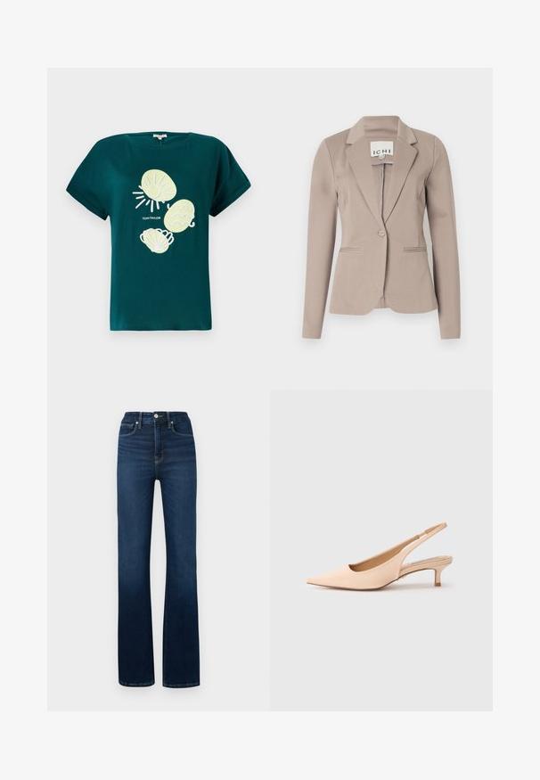 Beige op maat gemaakte blazer met een enkele knoop, notch-revers en twee voorzakken. Gemaakt van gladde stof met een gemiddelde gewicht.; Teal katoenen t-shirt met een afbeelding van een zon en schelpen in lichtgeel en wit, met een relaxte pasvorm en opgerolde mouwen.; Good American GOOD CLASSIC BOOT - Bootcut jeans - indigo; Naakte leren slingback-hakken met een puntige neus en een kleine kittenhak. Gladde textuur, minimalistisch ontwerp en een ademende open achterkant.