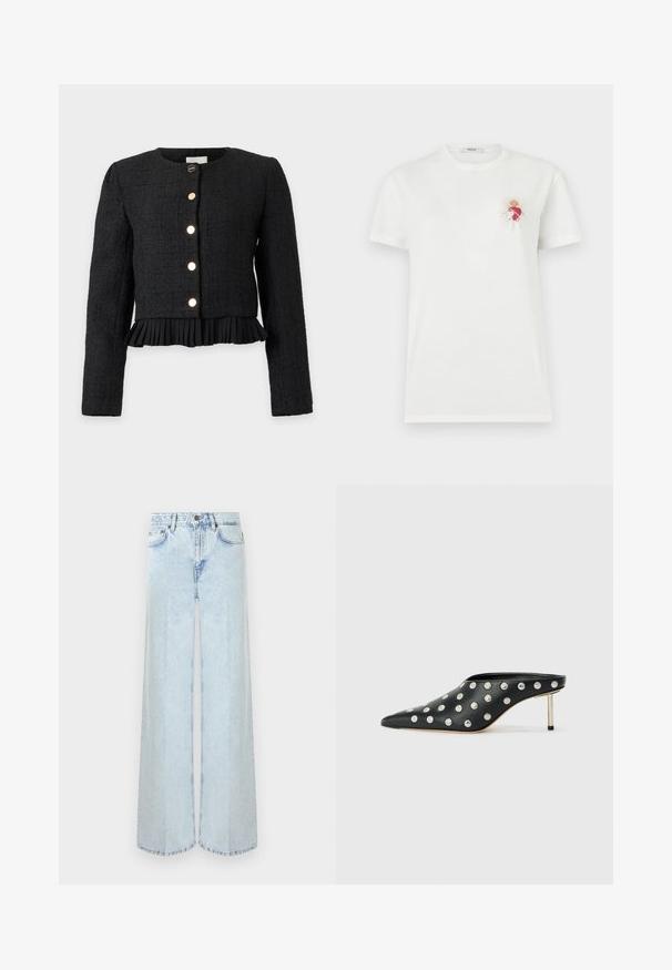 Veste courte noire texturée avec manches longues, encolure ronde, boutons dorés sur le devant et bord plissé à l'ourlet.; T-shirt blanc à manches courtes avec un petit imprimé d'un cœur anatomique rouge et des rayons dorés sur la partie supérieure gauche de la poitrine, étiqueté "Replay."; Jean large taille haute bleu clair avec poches avant, passants de ceinture et fermeture à bouton sur un fond uni.; STAND STUDIO KELSEY - Mules à talons - black