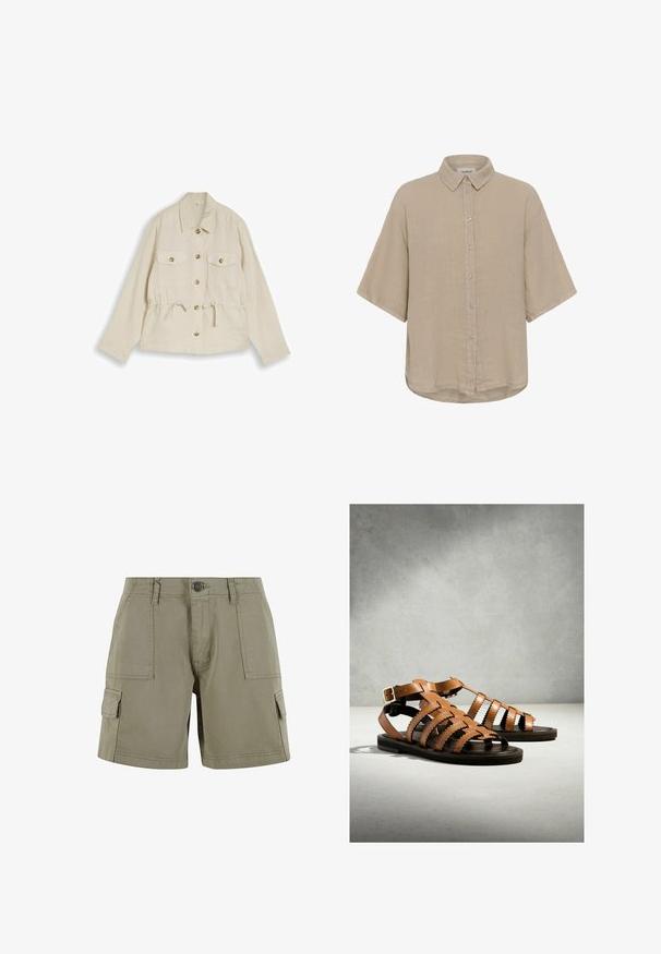 Lyse beige skjortejakke med to brystlommer, lange ærmer, krave og justerbar snøre i taljen.; Beige kortærmet skjorte med klassisk krave og afslappet pasform, lavet af letvægtsstof.; Khaki cargo shorts lavet af letvægtsbomuld med to sidelommer, en front knaplukning og lige snit.; Brune læder sandaler med stropper med bølgede kanter og ankelspænde, hvilende på en lys overflade mod en grå baggrund.