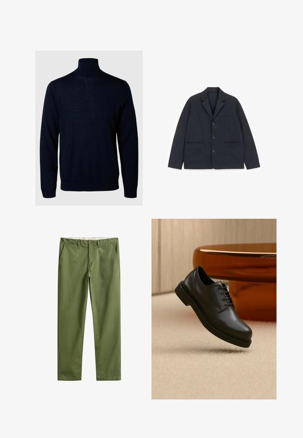 Schwarzer einreihiger Blazer mit drei Knöpfen, gekerbtem Revers, einer Brusttasche und zwei aufgesetzten Taschen vorne auf weißem Hintergrund.; Marineblauer Rollkragensweater, lange Ärmel, gerippte Bündchen und Saum, aus weichem Stoff mit glatter Textur und minimalistischem Design.; Olivgrüne, gerade geschnittene Hose mit Gürtelschlaufen, vorderem Knopf, Reißverschluss und seitlichen Taschen.; Schwarzer Leder-Schnürschuh, der über einem beigen Teppich schwebt, mit einem glänzenden braunen abgerundeten Objekt im Hintergrund.